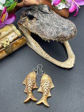 Carved bone fish earrings vintage